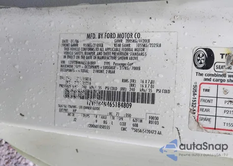 2006 Ford Mustang V6 z USA, uszkodzony, nr VIN 1ZVFT84N465184809